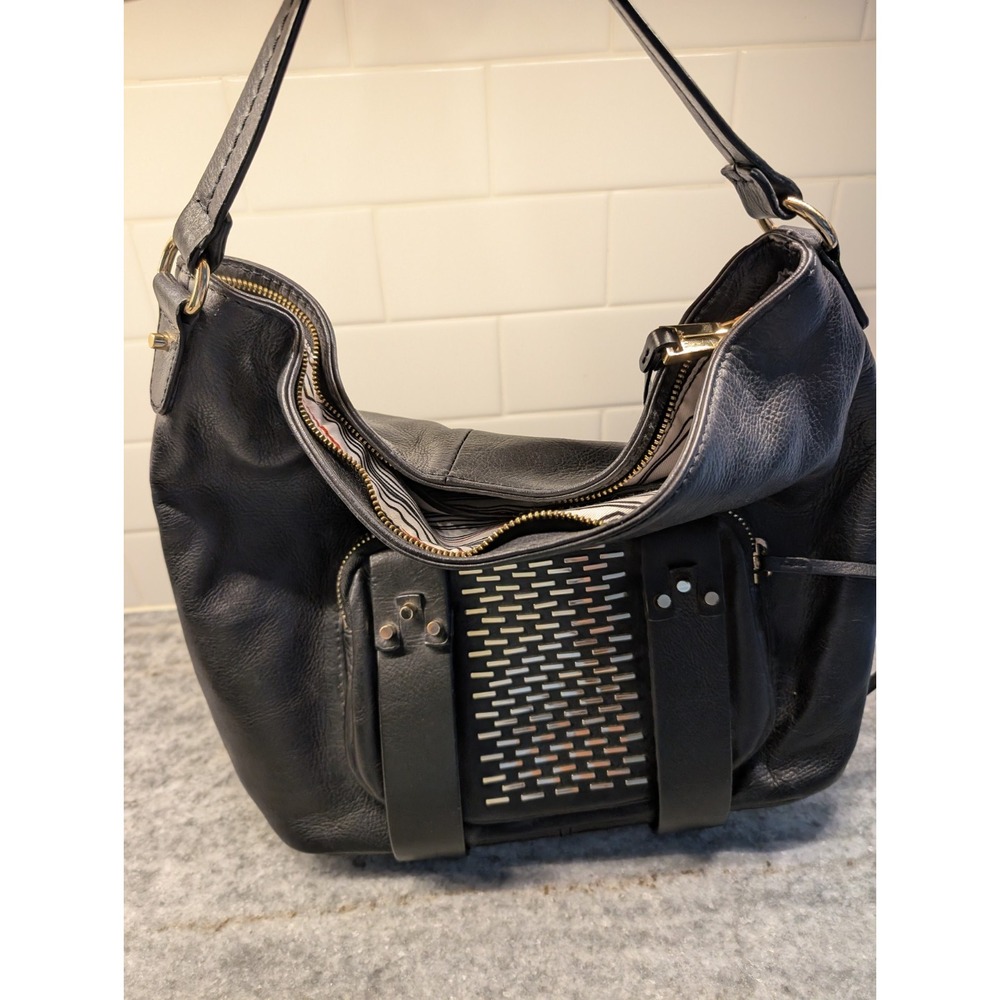 She+Lo BLACK Leather Hobo Handbag With Gold Accents